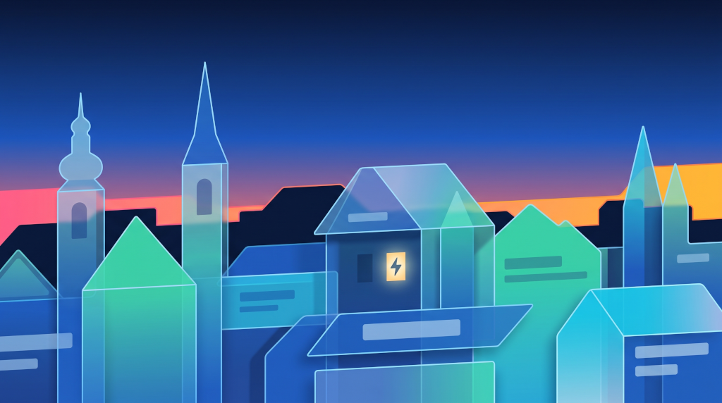 Stylized Linz skyline at dusk with one centred building showing a small glowing webQsee bolt icon in its window