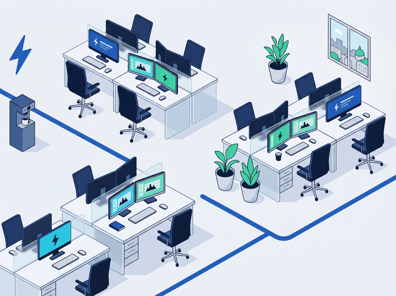 Stylized isometric illustration of webQsee's Linz office: rows of desks with dual monitors showing analyzer silhouettes, blue accent floor lines, plants, a coffee station and a window showing the Linz cityscape