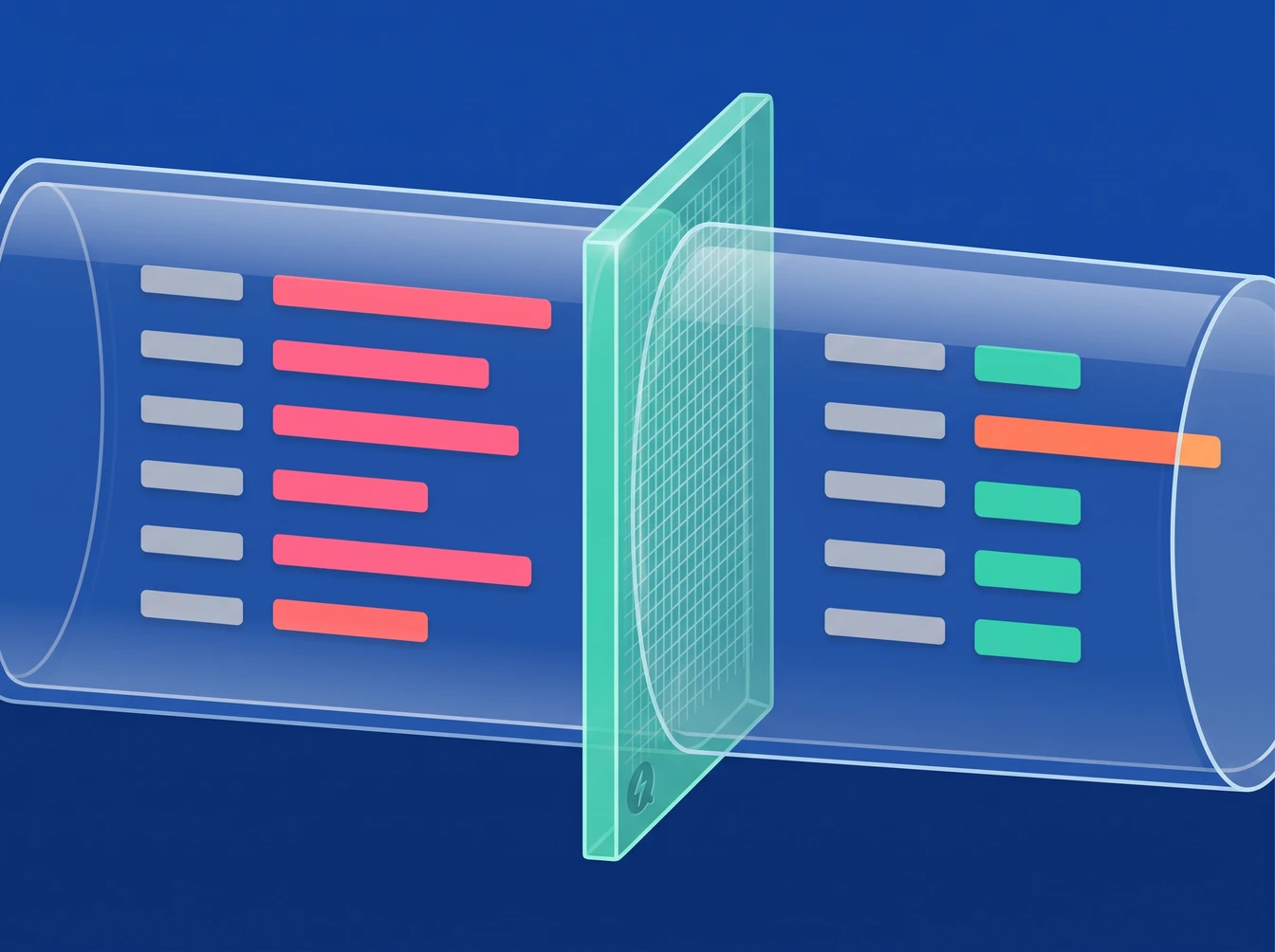 A glass pipe crossing the image with a mint filter plate standing in the middle of it. Six rows enter from the left, each a short grey label bar followed by a longer coral value bar. The same six rows leave on the right with their grey label bars unchanged, five of the value bars replaced by short uniform mint blocks and one passing through as a longer amber bar