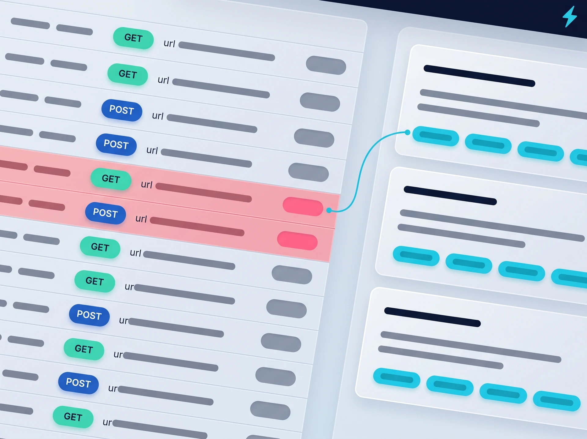 Two panels side by side: a webQsee analyzer event list with GET and POST method pills and two rows tinted coral, and a set of finding cards whose evidence chips are cyan. A thin cyan line runs from one coral row to the first chip of the top card