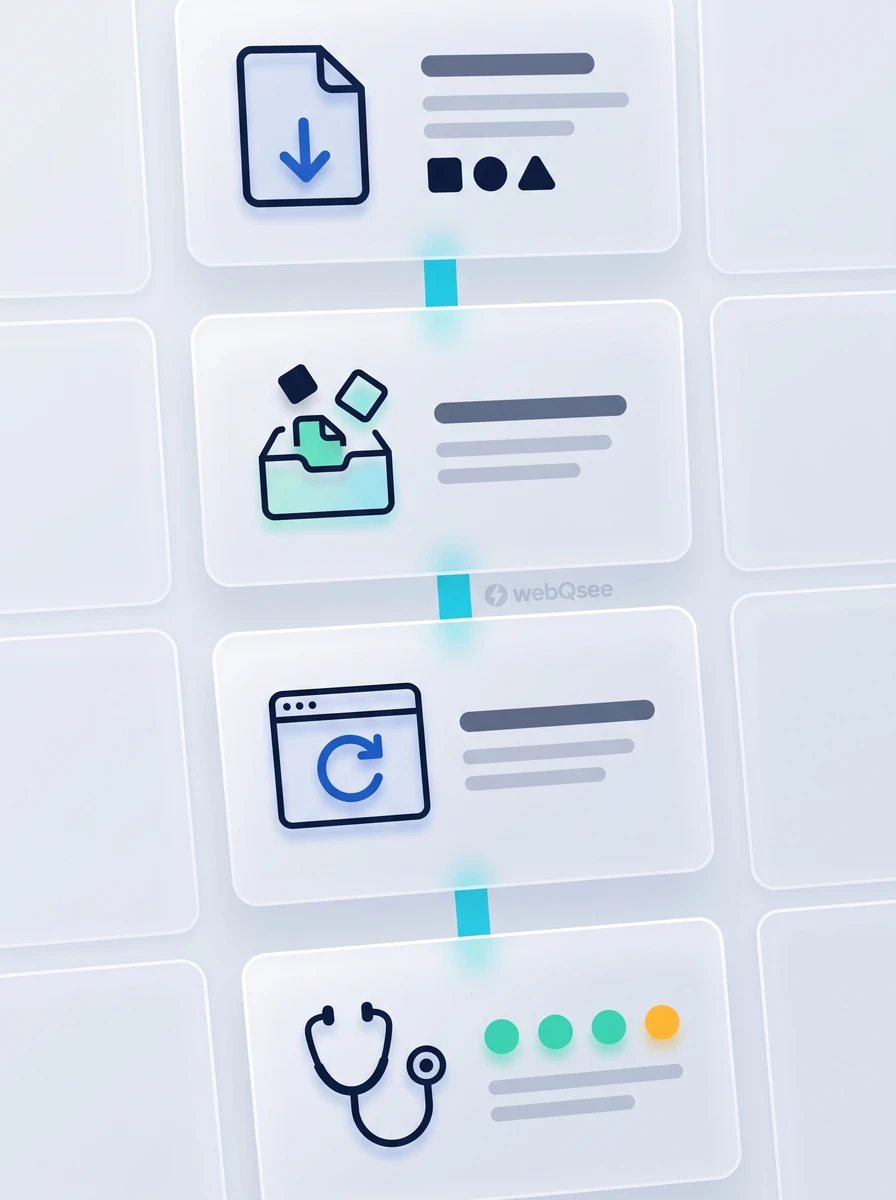 Four glass tiles stacked vertically and joined by short cyan segments: a file with a download arrow, an archive with shapes lifting out of it, a browser window with a circular refresh arrow, and a stethoscope beside four status dots