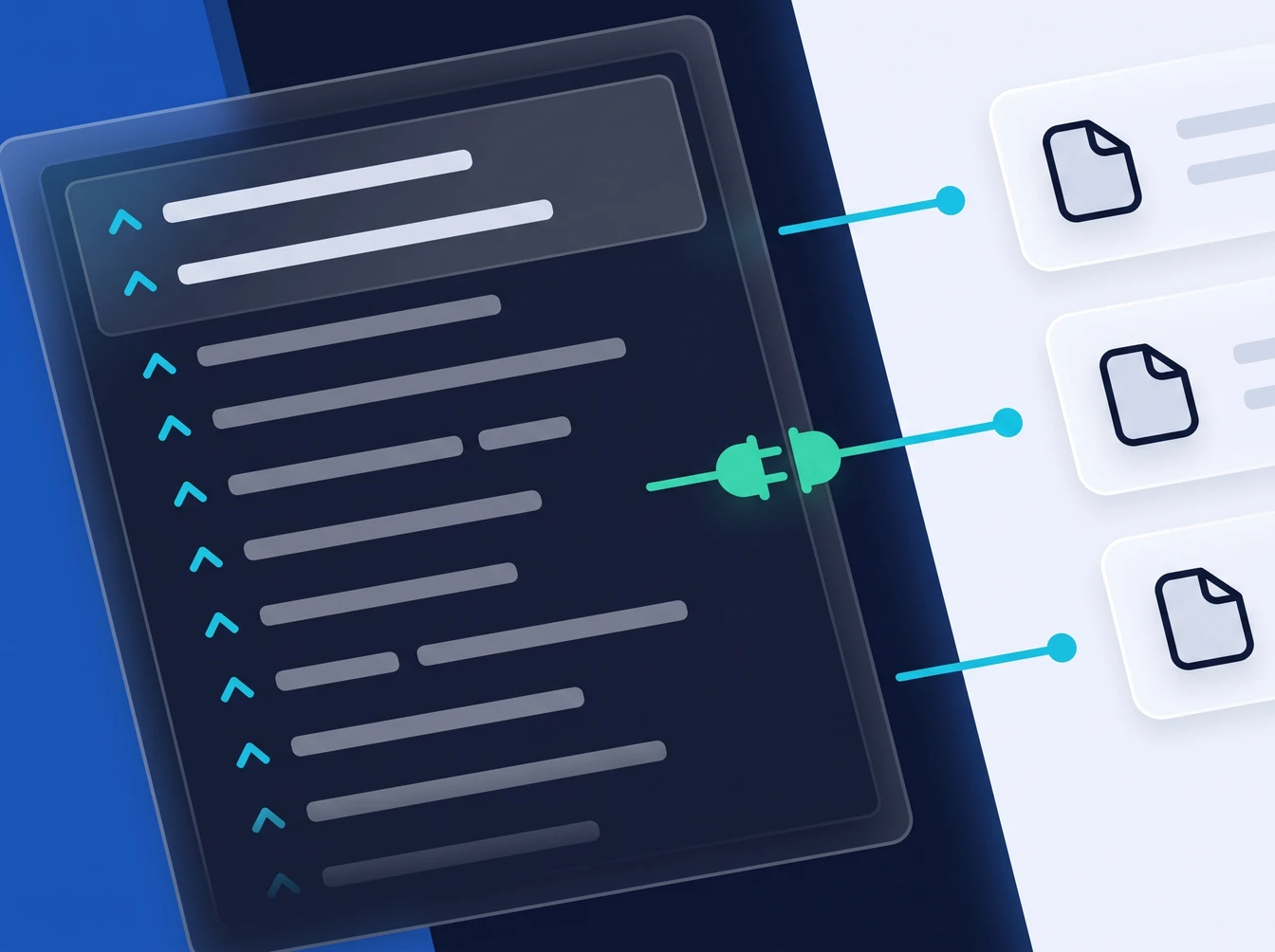 A dark terminal panel on the left, its lines drawn as grey bars each prefixed by a small cyan caret, and three source-file glyphs on the right. Three cyan connector lines cross the gap, and a mint plug-and-socket glyph sits where the middle one meets the terminal
