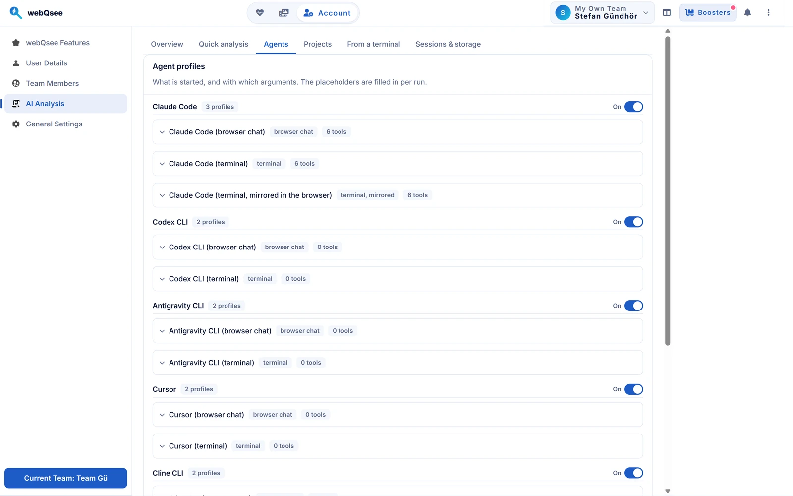 The Agents tab of webQsee's AI settings: a list of agent profiles grouped by vendor, with Codex CLI, Antigravity CLI, Cursor, Cline CLI and opencode each showing two profiles, a browser chat one and a terminal one, and an on/off switch per vendor