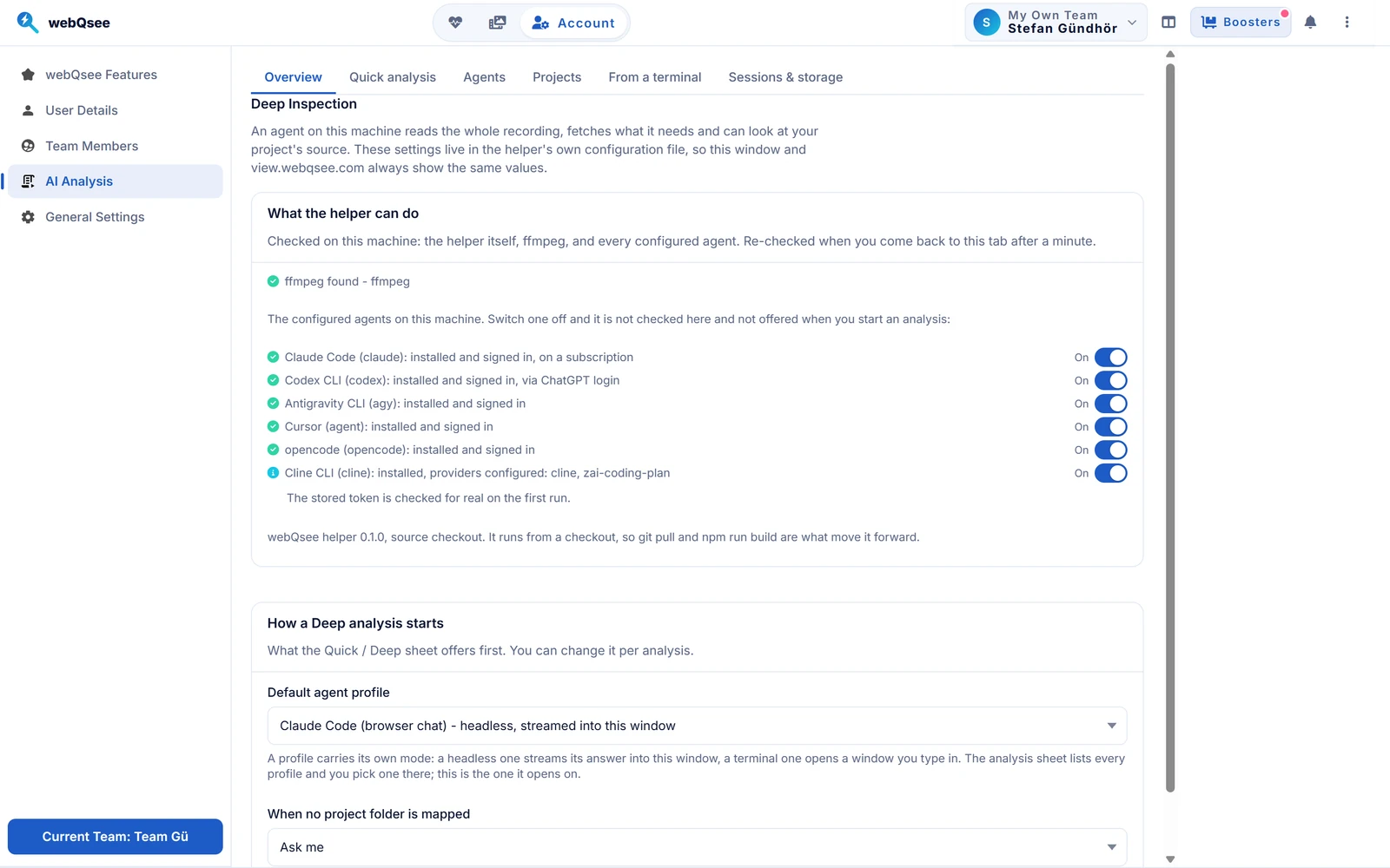 The AI Analysis settings in webQsee, on the Overview tab: a What the helper can do panel listing ffmpeg found, then one line per configured agent with a coloured dot and a short verdict such as installed and signed in, each with its own on/off switch, and below it the default agent profile for a Deep analysis