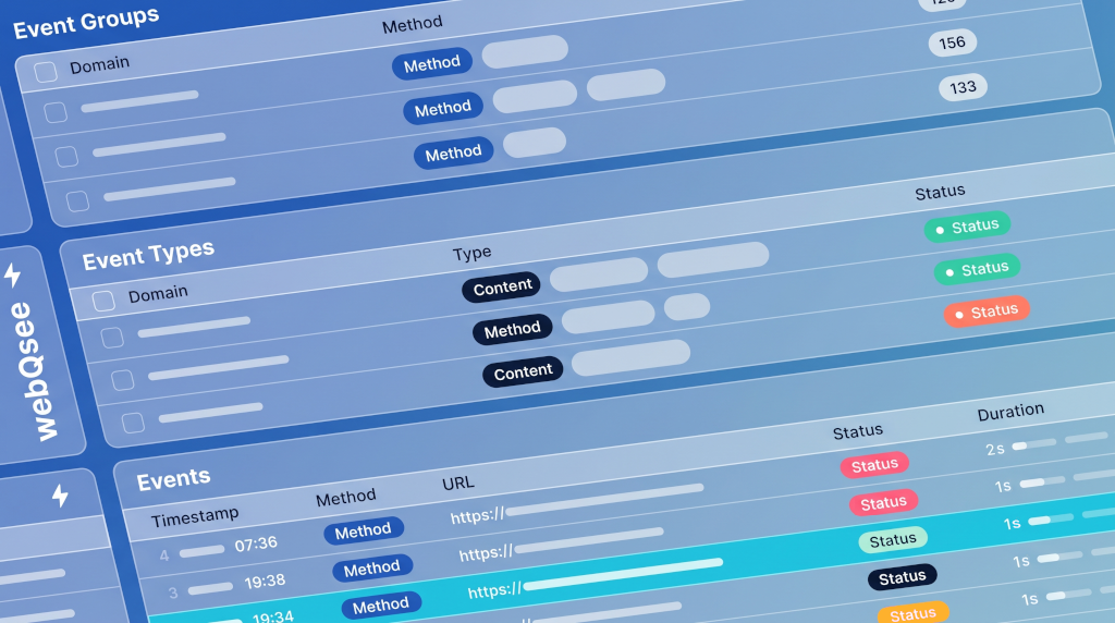 Three stacked webQsee analyzer grids in close-up: Event Groups, Event Types and Events, with one row in the Events grid highlighted in cyan
