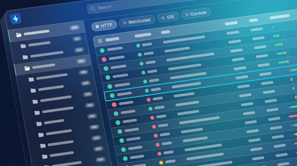 webQsee analyzer in the hero gradient: two-column layout with a sidebar tree of grouped domains on the left and a dense event table on the right, one row highlighted in cyan