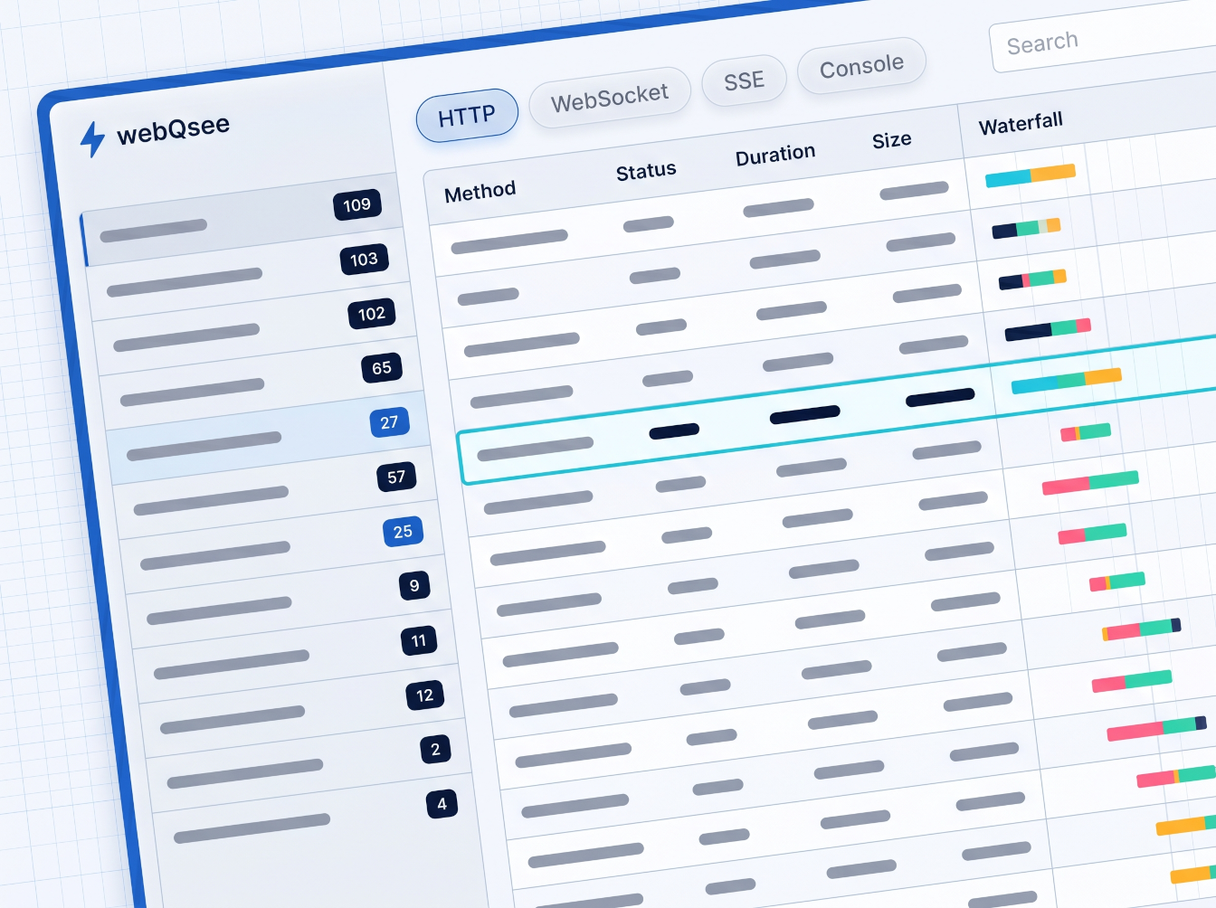 webQsee analyzer in light mode showing grouped network events, console output and a filter bar