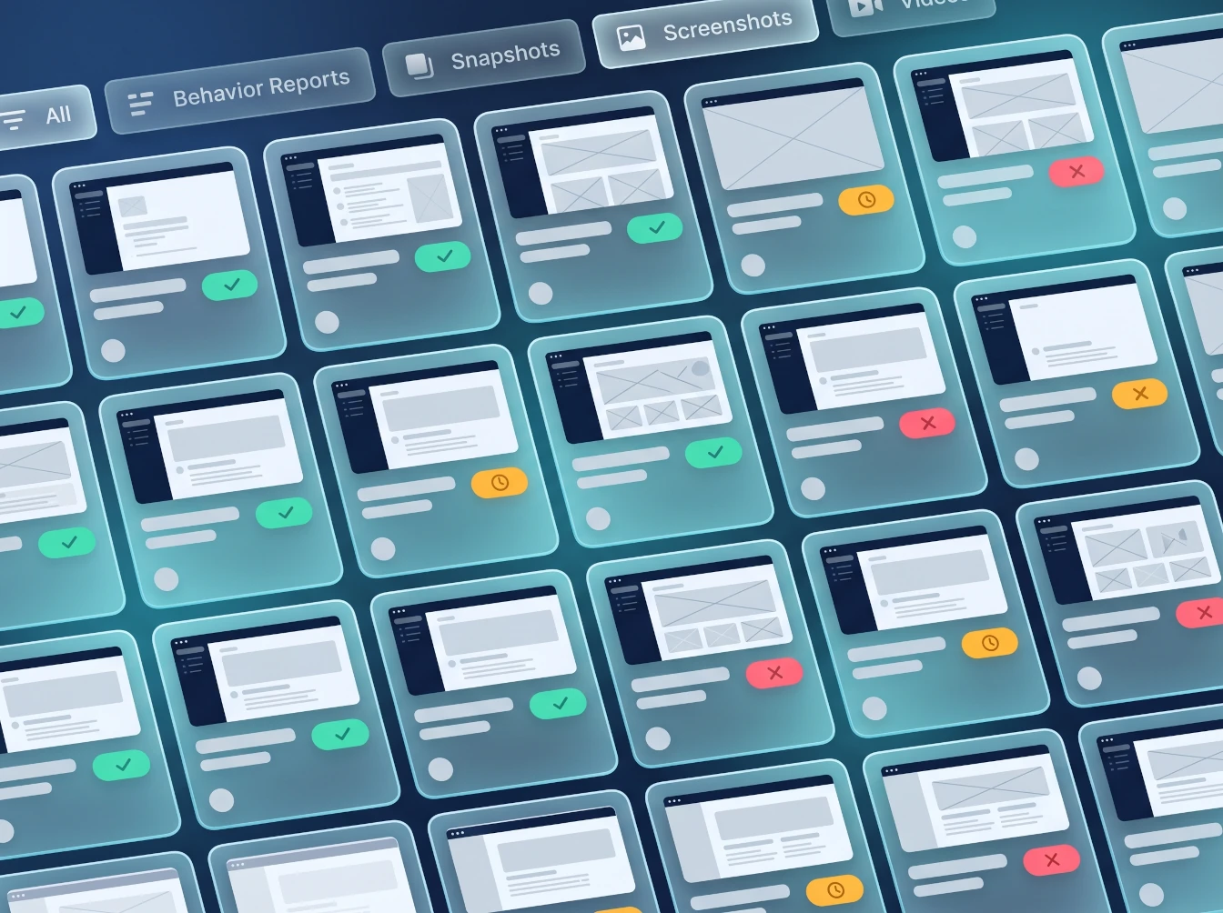 Tight grid of webQsee Cloud Gallery capture cards with filter chips at the top (All, Behavior Reports, Snapshots, Screenshots, Videos) and status pills on each card