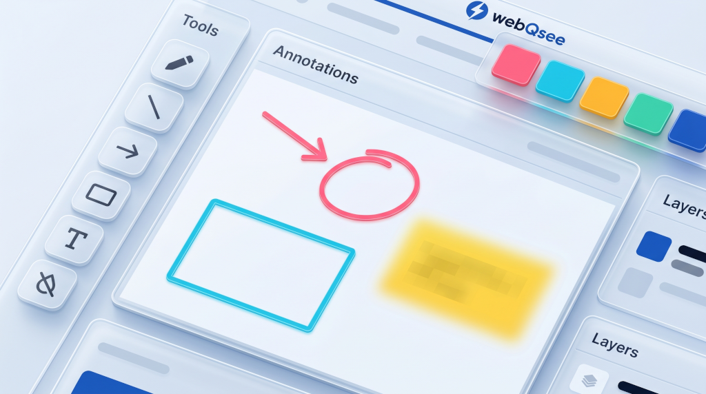 webQsee screenshot editor: tool rail on the left (pen, arrow, rectangle, text, blur), annotated screenshot canvas in the middle with a red arrow + circled region, cyan rectangle and yellow blurred area, plus a swatch row top-right