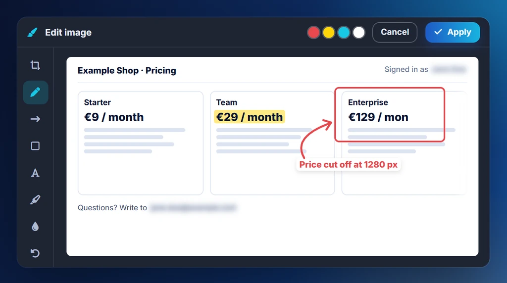 webQsee's screenshot editor: a tool rail with crop, pen, arrow, shapes, text, highlighter and blur, and a pricing page annotated with a red frame and arrow, a yellow highlight and two blurred personal details
