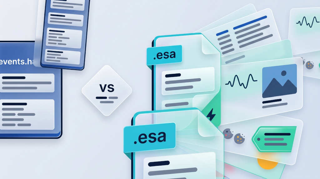 Side-by-side comparison: a small .har file icon on the left and a larger .esa Event Snapshot file icon on the right that explodes outward into layered sheets representing HTTP requests, WebSocket frames, screenshot, cookies and environment metadata