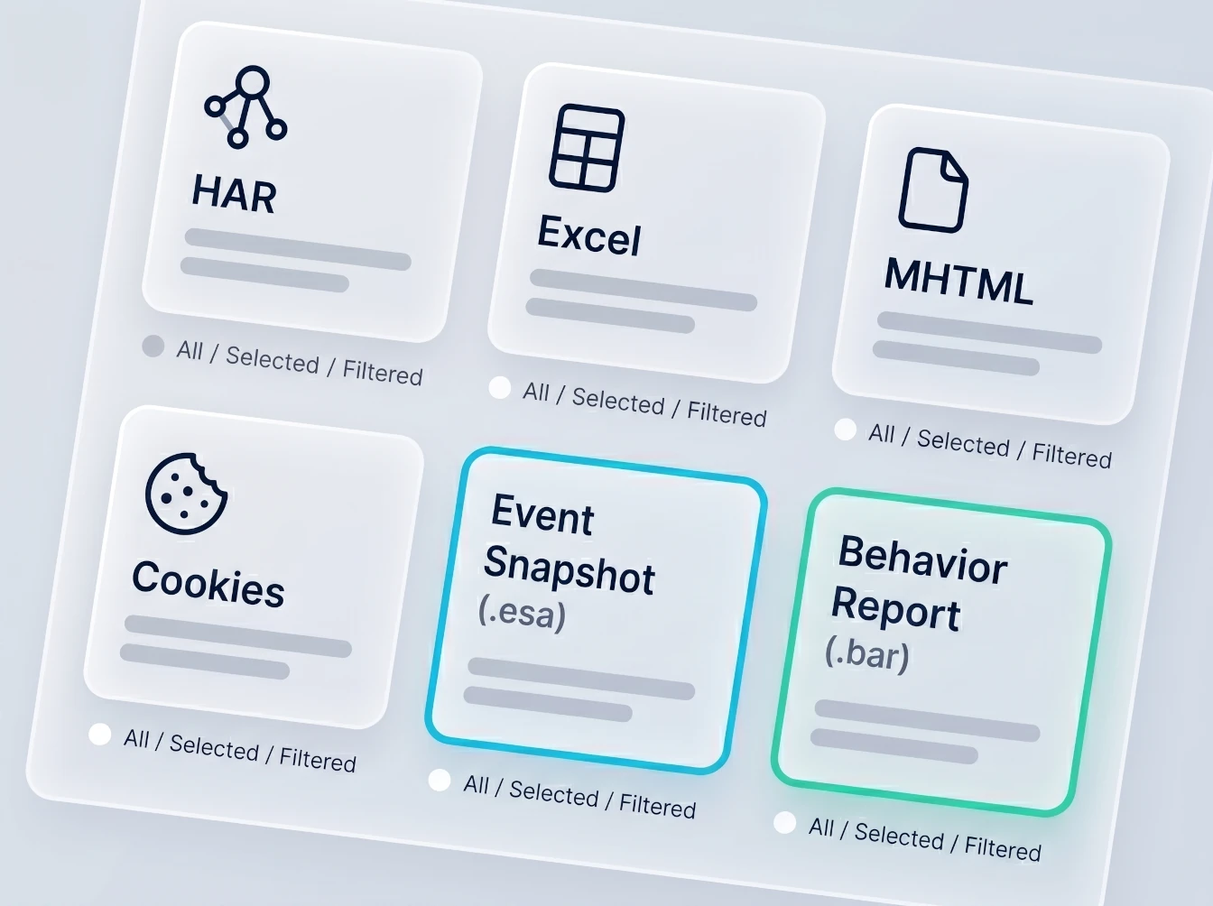 webQsee export dialog showing format cards: Event Snapshot, HAR, Excel, console events JSON, inspected-page MHTML and cookies, with an All / Selected / Filtered chooser appearing after a format is picked