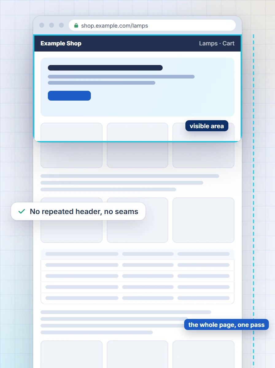 A full-page screenshot: the browser's visible area at the top and the whole page hanging below it in one piece, its sticky header shown once