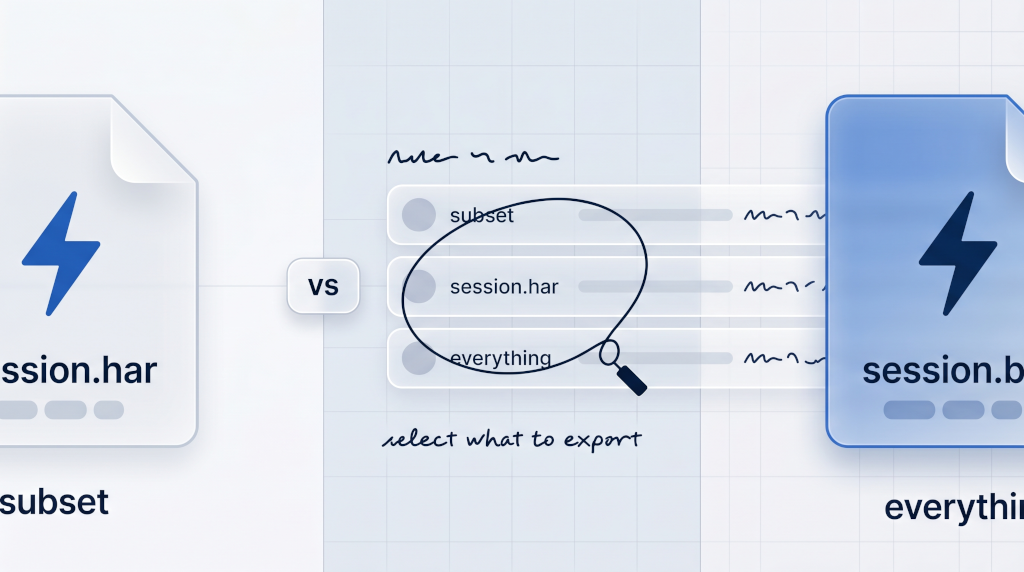 Side-by-side comparison: small session.har file icon labelled subset on the left, a vs chip in the centre with a lasso selecting three rows in a faded background grid, and a larger session.bar file icon labelled everything on the right