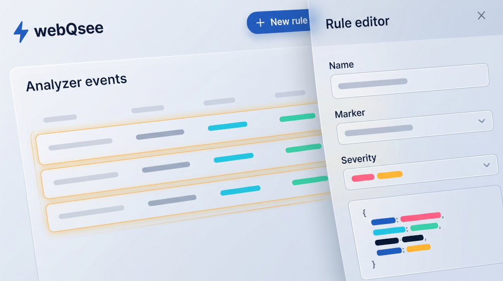 webQsee error-detection rule editor: faded analyzer events table on the left with three matched rows pulsing in amber, a side-panel rule editor on the right with Name, Marker and Severity fields plus a color-coded JSON marker snippet