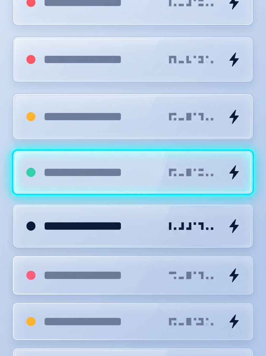 Vertical stack of seven horizontal rule cards, each with a colour-coded severity dot (red, amber, mint), a name bar, a monospace marker excerpt and a small team-share avatar group; the middle card highlighted with a cyan glow ring