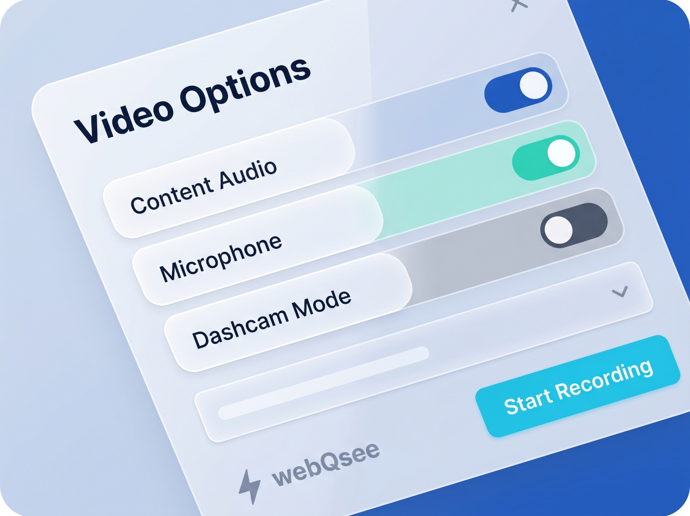 webQsee Video Options modal with toggles for Content Audio, Microphone and Dashcam Mode, plus a primary Start Recording button