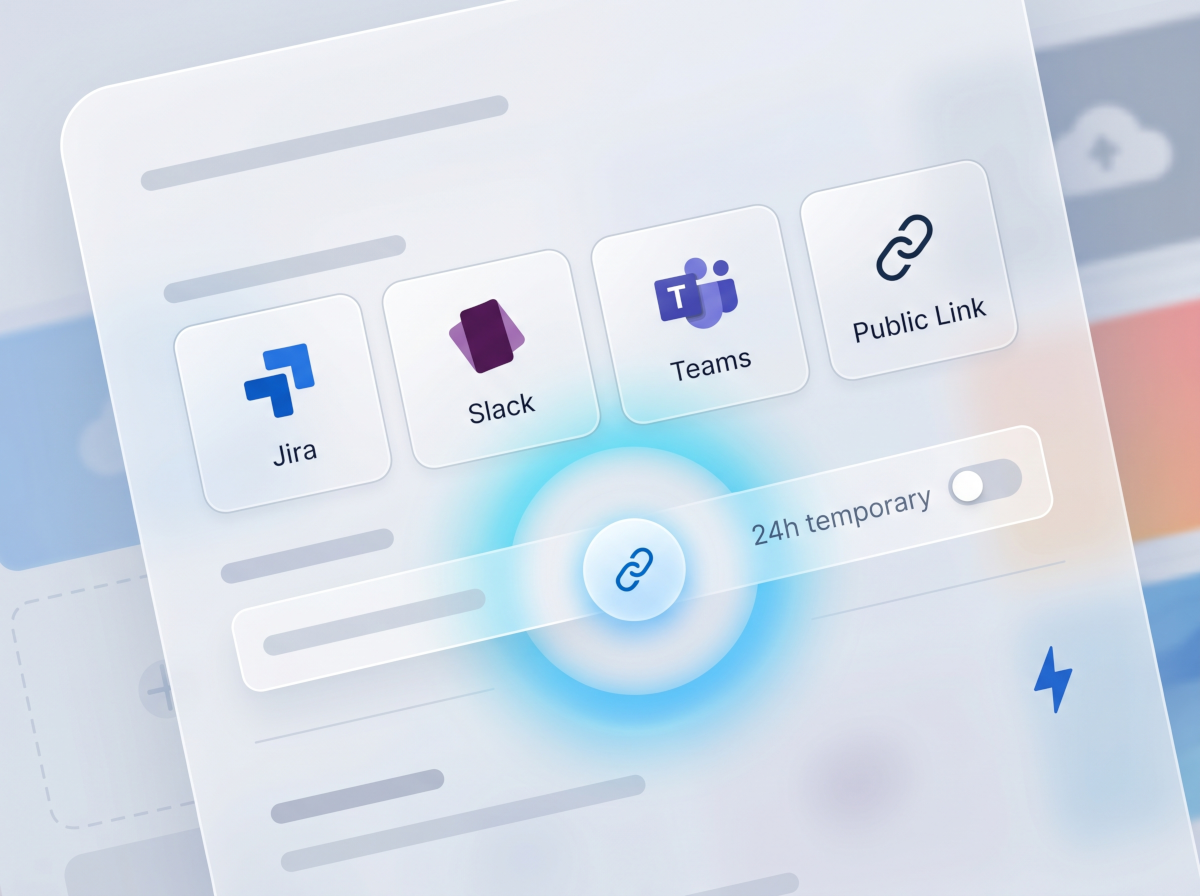webQsee cloud share modal offering three link choices (Temporary Public, Permanent Public, Permanent Private) with an hourglass, link and shield icon, plus a Copy link field, hovering over a faded cloud-gallery grid