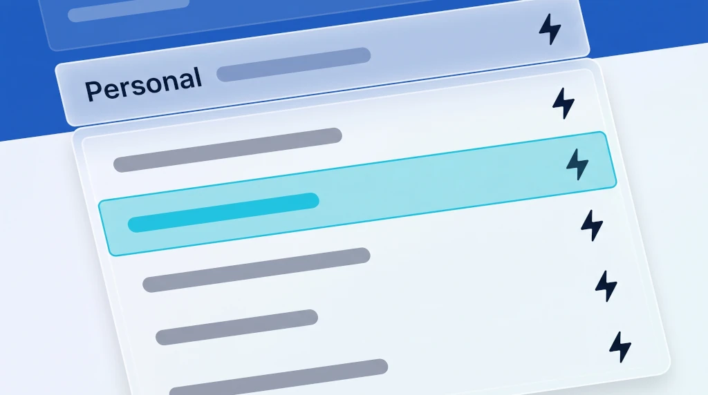 webQsee team-switcher dropdown open, showing a Personal entry plus several joined teams with a bolt icon next to each, one row highlighted in cyan
