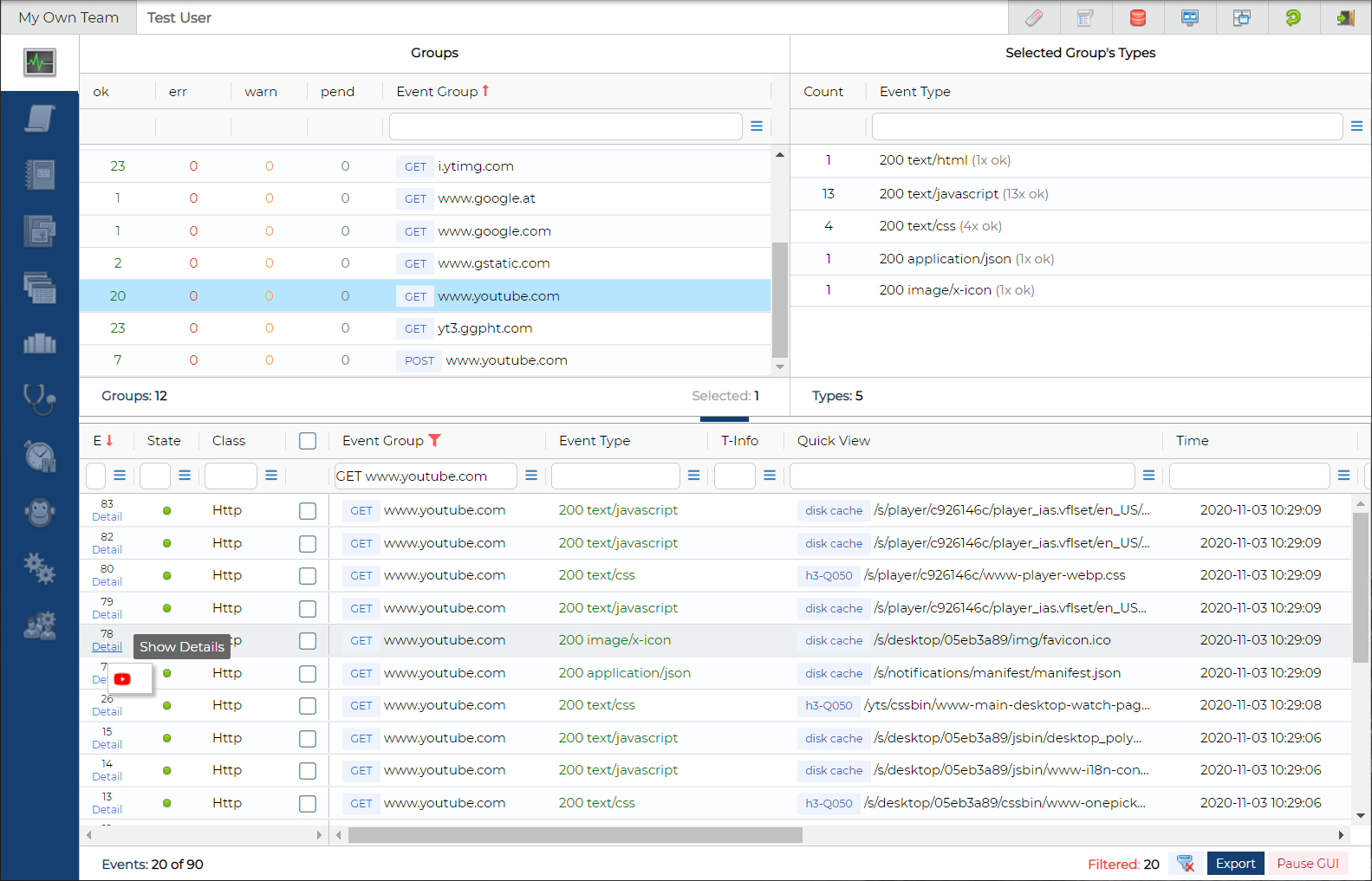 webQsee Analyzer - grouping, sorting, filtering